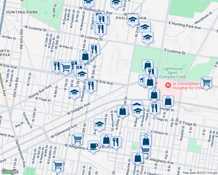 map of restaurants, bars, coffee shops, grocery stores, and more near 316 West Erie Avenue in Philadelphia