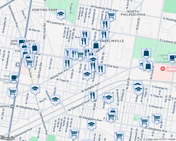 map of restaurants, bars, coffee shops, grocery stores, and more near 3619 North Marshall Street in Philadelphia