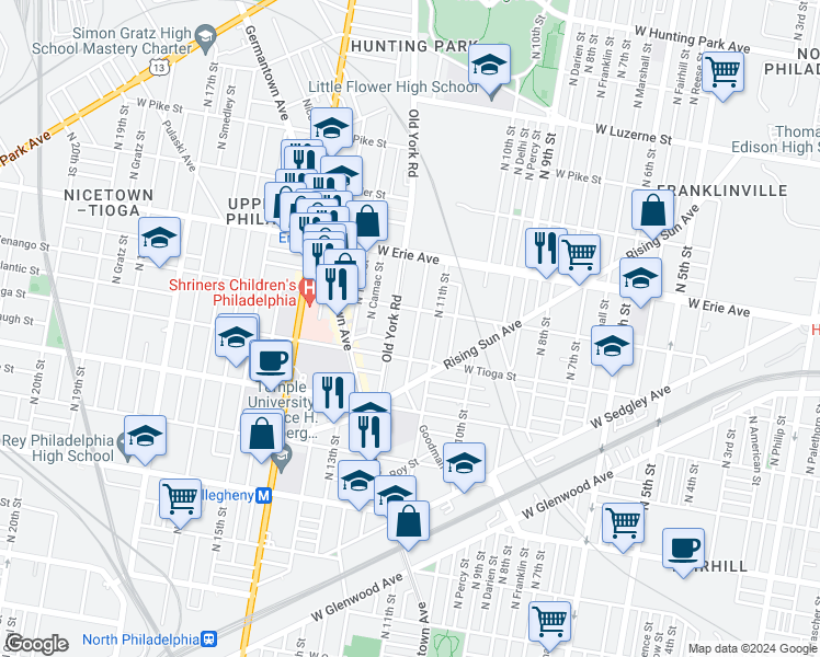 map of restaurants, bars, coffee shops, grocery stores, and more near 3541 North Marvine Street in Philadelphia