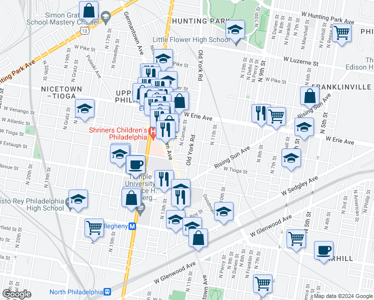 map of restaurants, bars, coffee shops, grocery stores, and more near 3526 Old York Road in Philadelphia