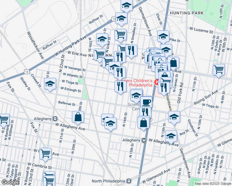 map of restaurants, bars, coffee shops, grocery stores, and more near 1712 West Tioga Street in Philadelphia