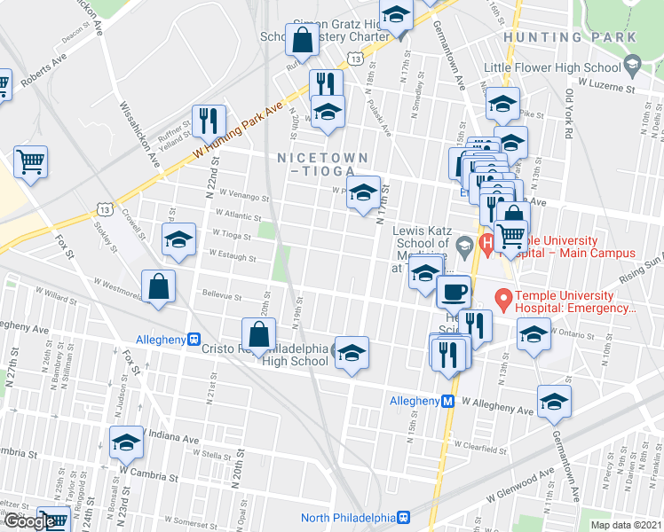 map of restaurants, bars, coffee shops, grocery stores, and more near 3434 North 18th Street in Philadelphia