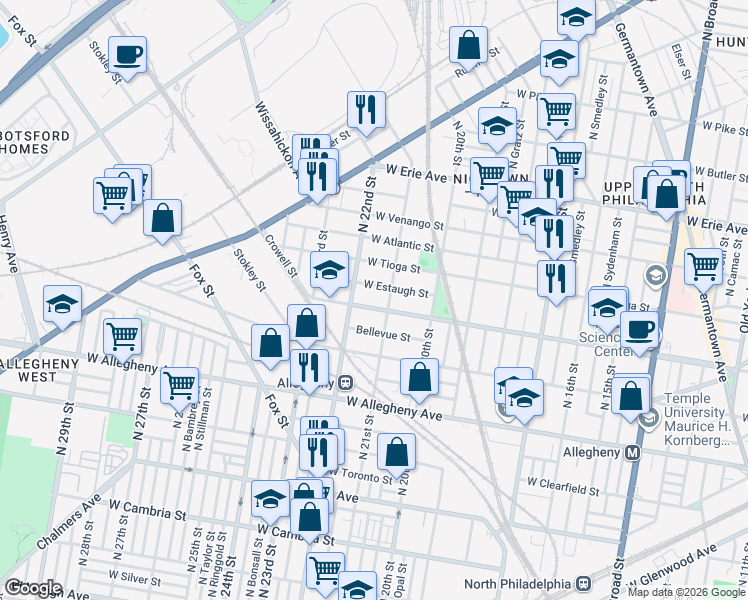 map of restaurants, bars, coffee shops, grocery stores, and more near 2053 West Ontario Street in Philadelphia