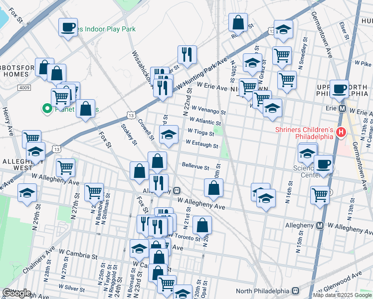map of restaurants, bars, coffee shops, grocery stores, and more near 2141 West Ontario Street in Philadelphia