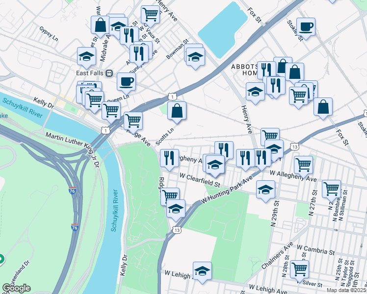 map of restaurants, bars, coffee shops, grocery stores, and more near in Philadelphia