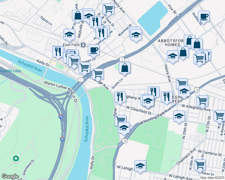 map of restaurants, bars, coffee shops, grocery stores, and more near 3533 West Allegheny Avenue in Philadelphia