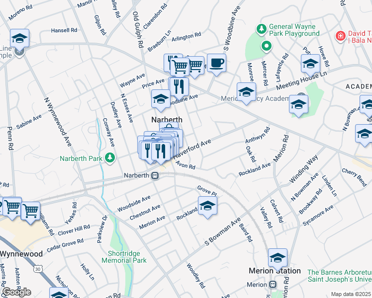 map of restaurants, bars, coffee shops, grocery stores, and more near in Narberth