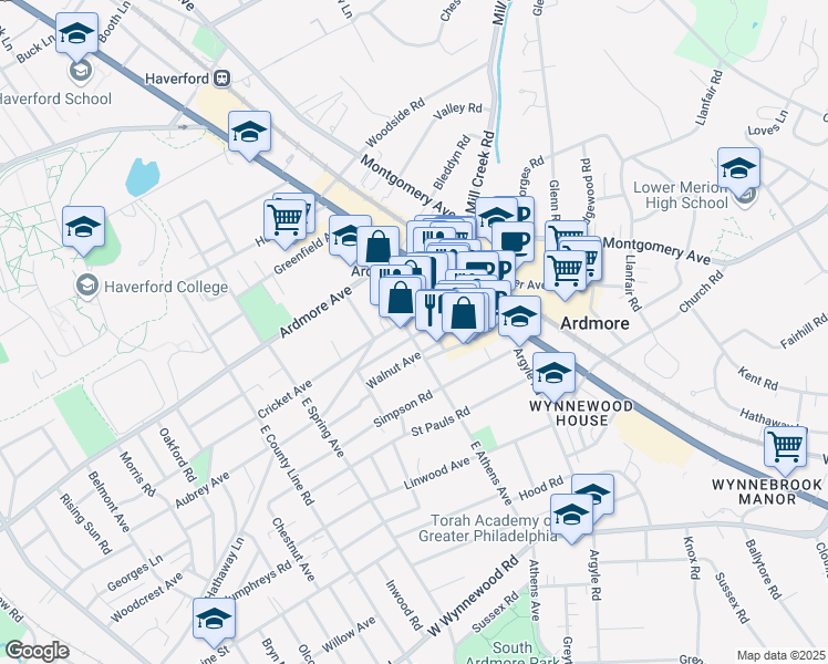 map of restaurants, bars, coffee shops, grocery stores, and more near 7 East Athens Avenue in Ardmore