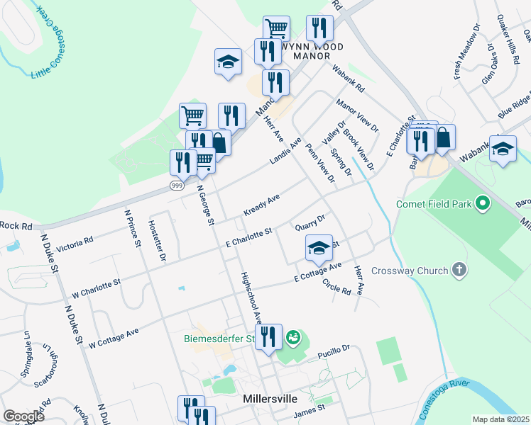 map of restaurants, bars, coffee shops, grocery stores, and more near 126 Kready Avenue in Millersville