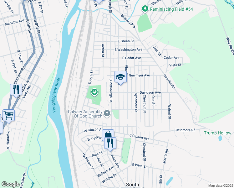 map of restaurants, bars, coffee shops, grocery stores, and more near 1205 South Pittsburgh Street in Connellsville
