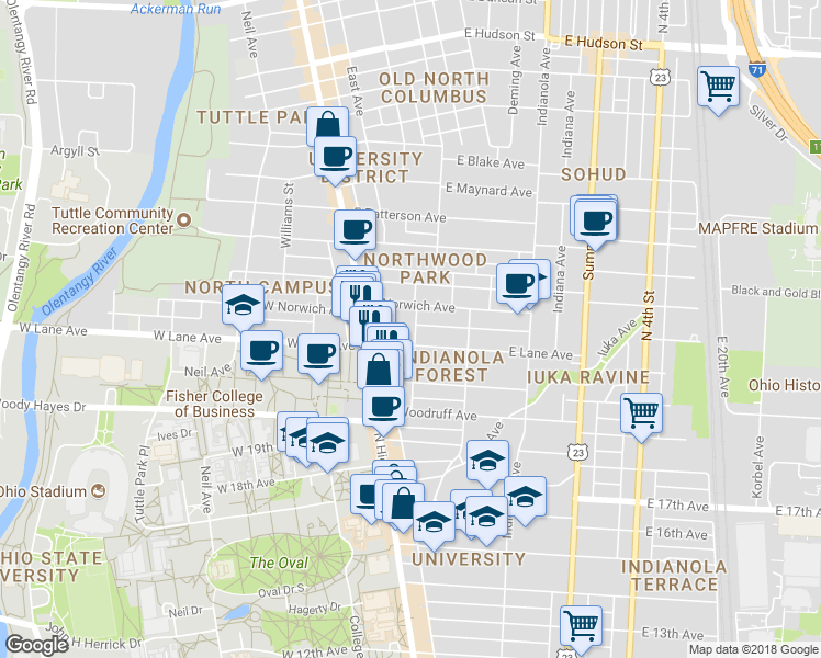 map of restaurants, bars, coffee shops, grocery stores, and more near 2154 Tuller Street in Columbus