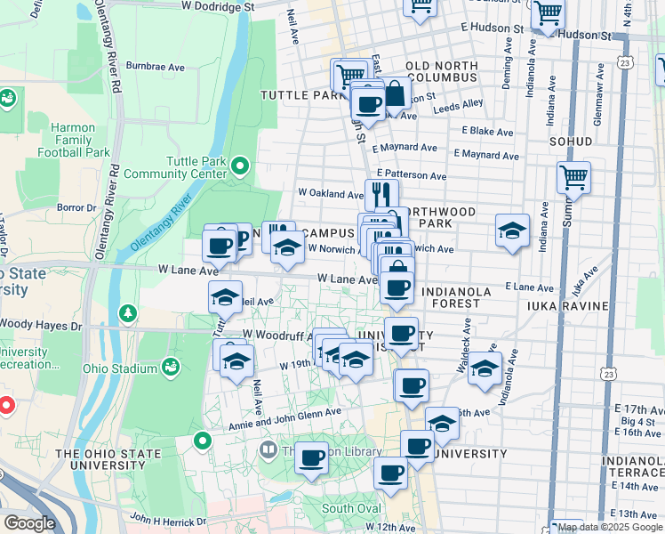 map of restaurants, bars, coffee shops, grocery stores, and more near 78 West Lane Avenue in Columbus
