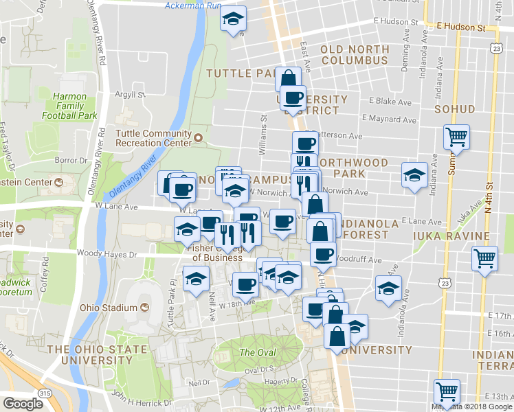 map of restaurants, bars, coffee shops, grocery stores, and more near 132 West Lane Avenue in Columbus