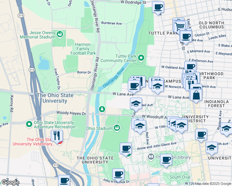 map of restaurants, bars, coffee shops, grocery stores, and more near Olentangy Trail in Columbus