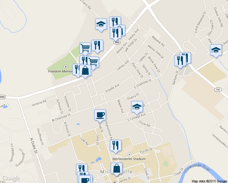 map of restaurants, bars, coffee shops, grocery stores, and more near 126 Kready Avenue in Millersville