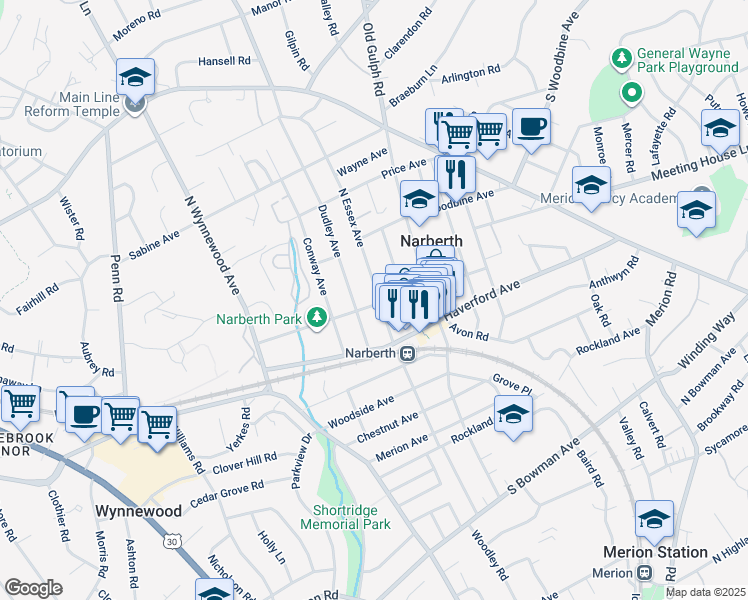 map of restaurants, bars, coffee shops, grocery stores, and more near 125 Windsor Avenue in Narberth