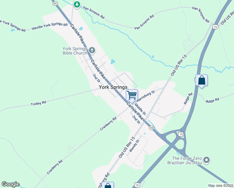 map of restaurants, bars, coffee shops, grocery stores, and more near 227 Main Street in York Springs