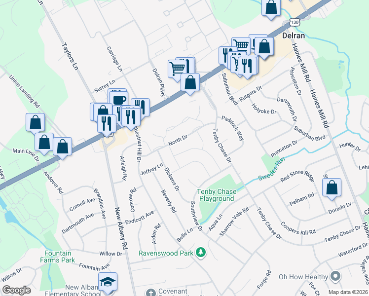 map of restaurants, bars, coffee shops, grocery stores, and more near 206 Bentwood Drive in Delran