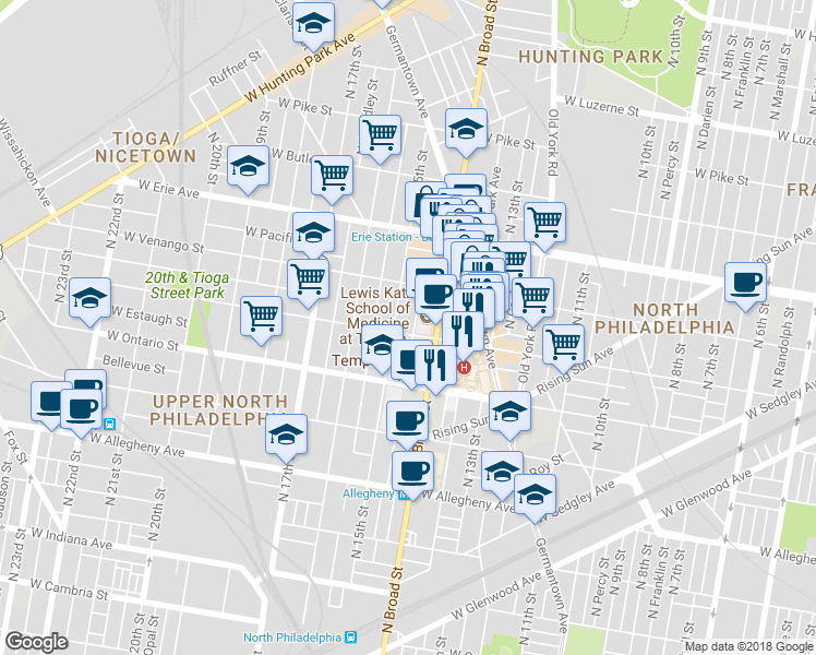 map of restaurants, bars, coffee shops, grocery stores, and more near 1427 West Tioga Street in Philadelphia