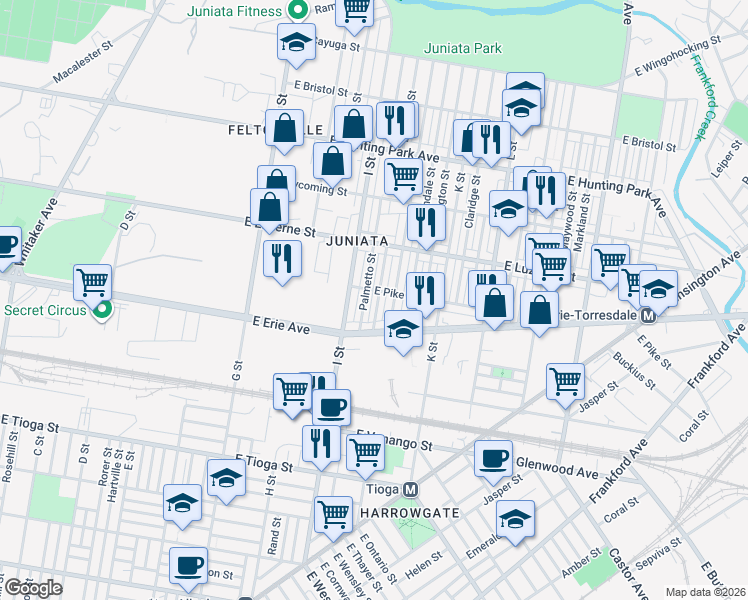 map of restaurants, bars, coffee shops, grocery stores, and more near 3842 Elsinore St in Philadelphia