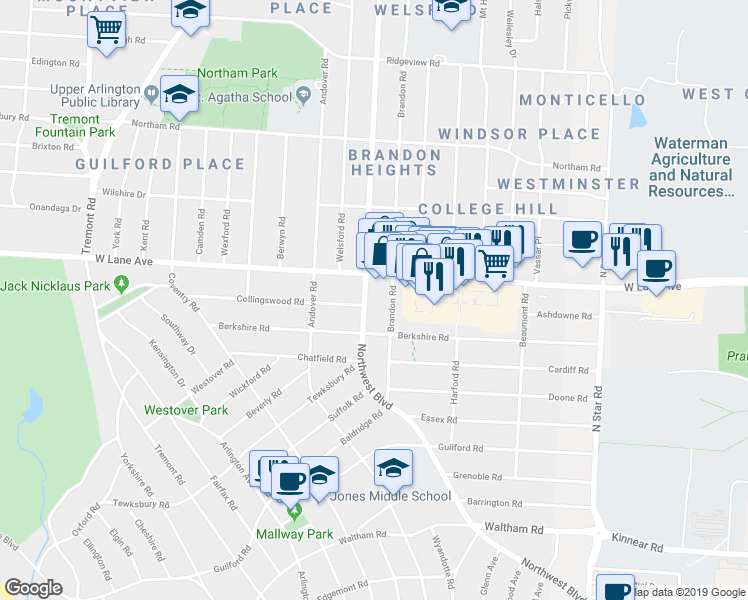 map of restaurants, bars, coffee shops, grocery stores, and more near 2442 Northwest Boulevard in Upper Arlington
