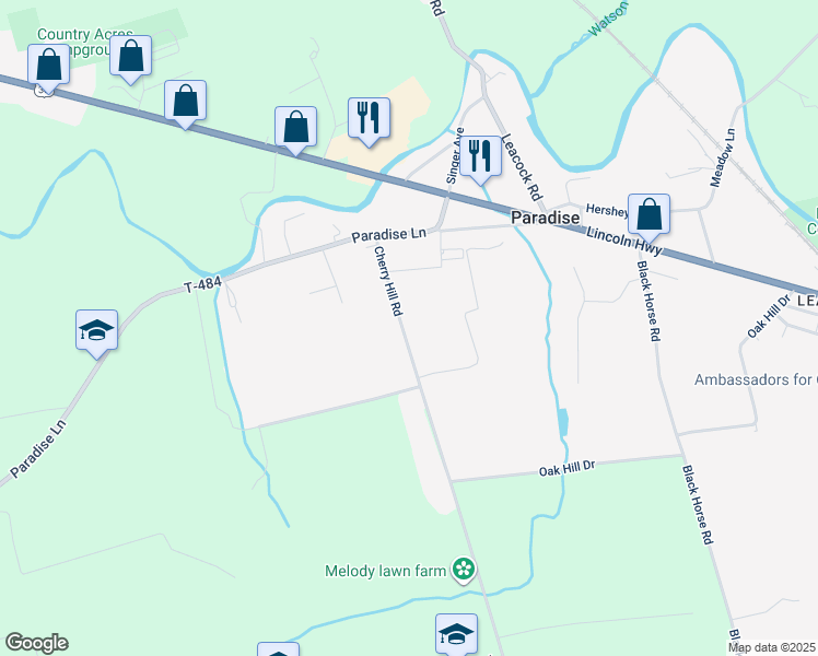map of restaurants, bars, coffee shops, grocery stores, and more near 27 Cherry Hill Road in Ronks