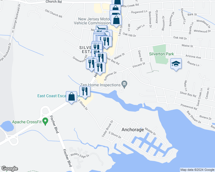 map of restaurants, bars, coffee shops, grocery stores, and more near 202 Clipper Court in Toms River
