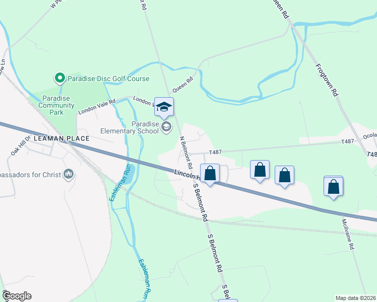 map of restaurants, bars, coffee shops, grocery stores, and more near 13 South Belmont Road in Gordonville