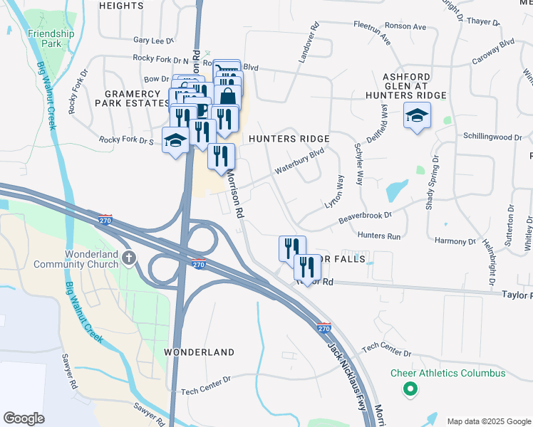 map of restaurants, bars, coffee shops, grocery stores, and more near 150 Arbors Circle in Gahanna