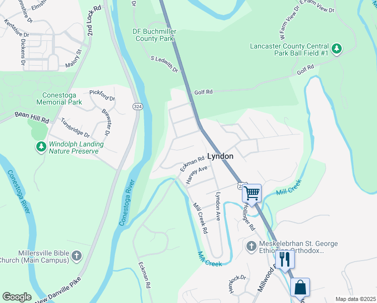 map of restaurants, bars, coffee shops, grocery stores, and more near 124 Cliff Avenue in Lancaster