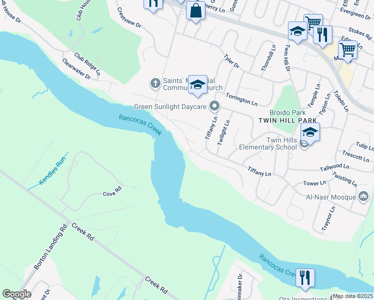 map of restaurants, bars, coffee shops, grocery stores, and more near 35 Beechnut Lane in Willingboro