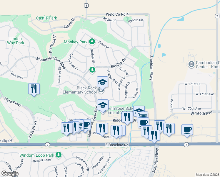 map of restaurants, bars, coffee shops, grocery stores, and more near 2216 Dogwood Dr in Erie