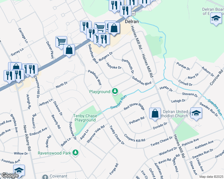 map of restaurants, bars, coffee shops, grocery stores, and more near 80 Princeton Drive in Delran