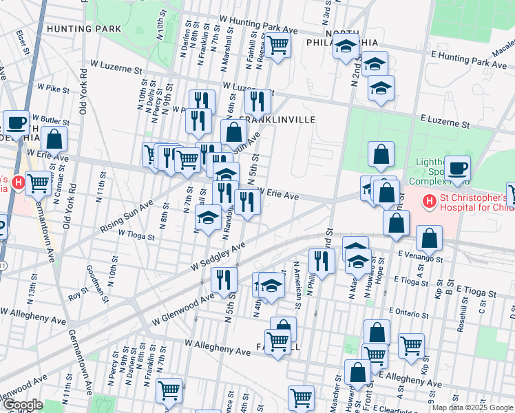 map of restaurants, bars, coffee shops, grocery stores, and more near 3650 North Lawrence Street in Philadelphia