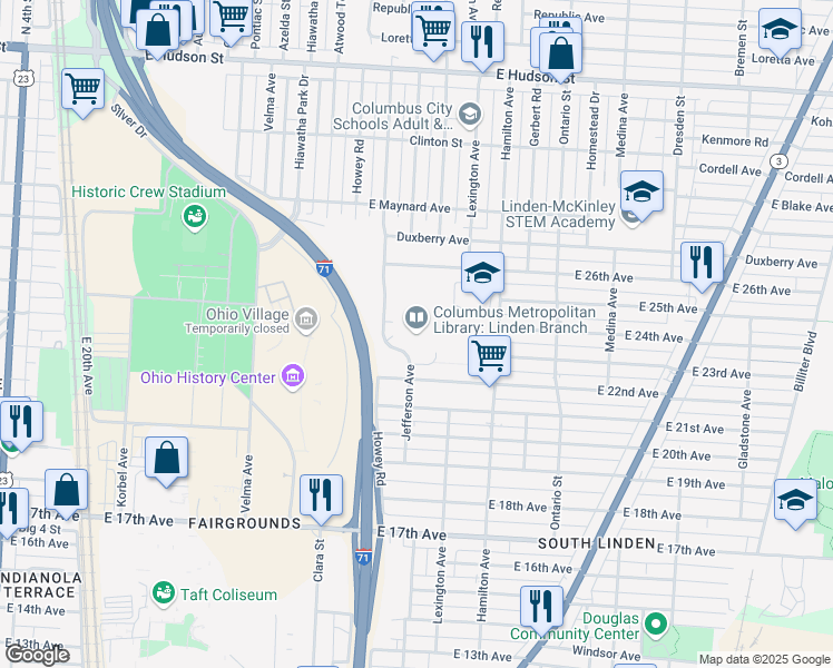 map of restaurants, bars, coffee shops, grocery stores, and more near 1990 Jefferson Avenue in Columbus