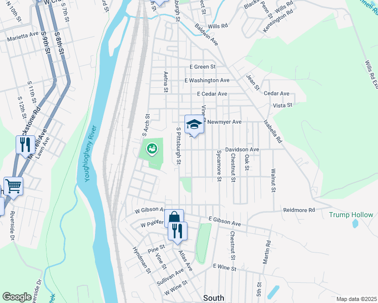 map of restaurants, bars, coffee shops, grocery stores, and more near 1200 Race Street in Connellsville