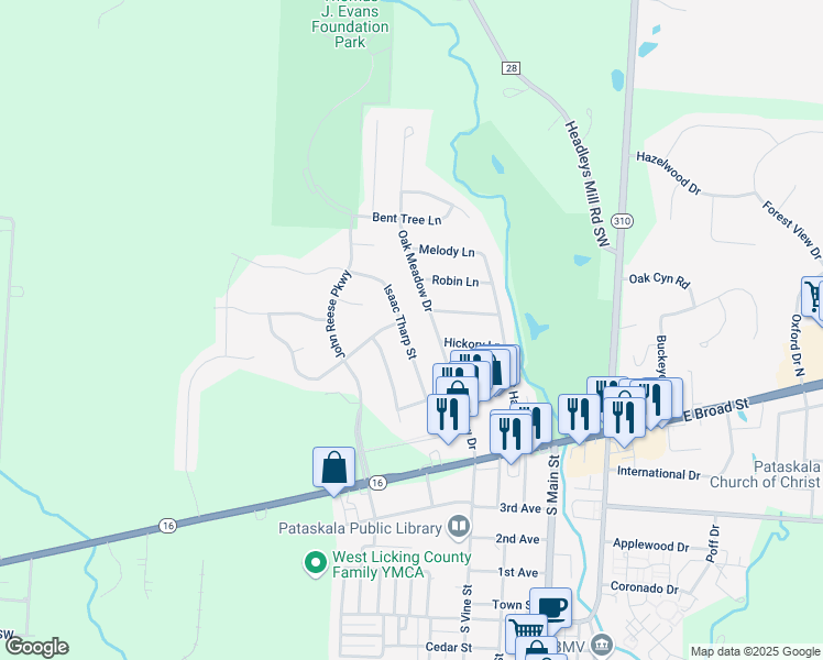 map of restaurants, bars, coffee shops, grocery stores, and more near 244 Isaac Tharp Street in Pataskala