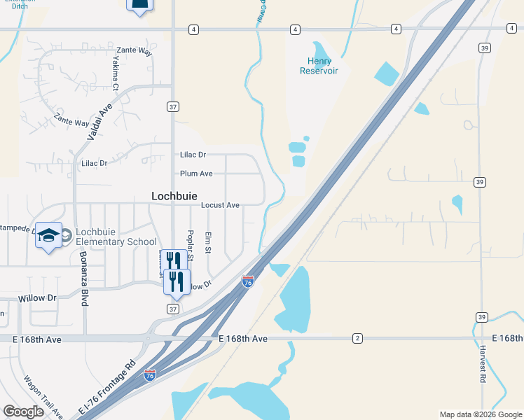 map of restaurants, bars, coffee shops, grocery stores, and more near 540 Locust Avenue in Lochbuie