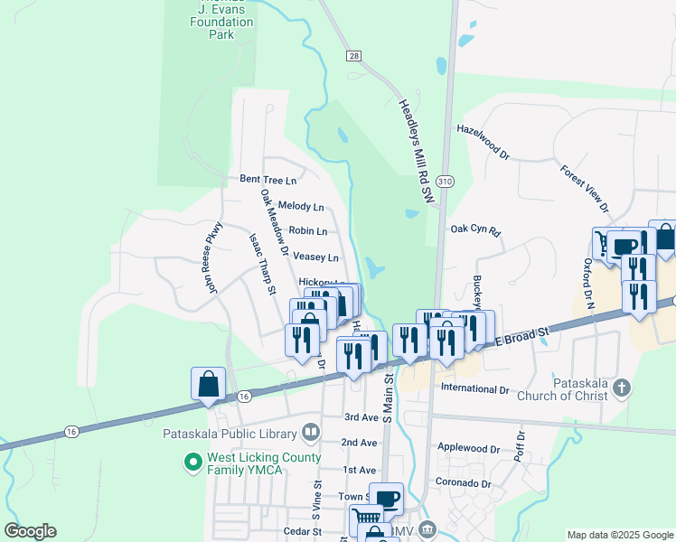 map of restaurants, bars, coffee shops, grocery stores, and more near 181 Pat Haven Dr in Pataskala