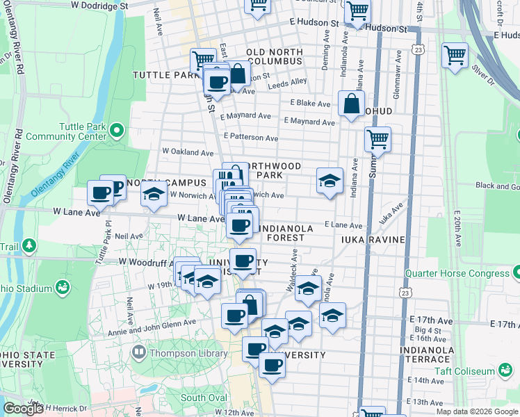 map of restaurants, bars, coffee shops, grocery stores, and more near 2159 Tuller Street in Columbus