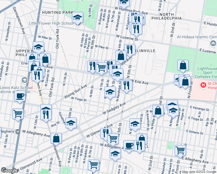 map of restaurants, bars, coffee shops, grocery stores, and more near 3619 North Marshall Street in Philadelphia