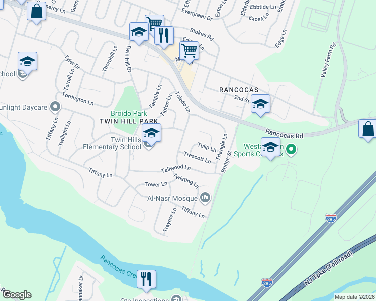 map of restaurants, bars, coffee shops, grocery stores, and more near 4 Tulip Lane in Willingboro
