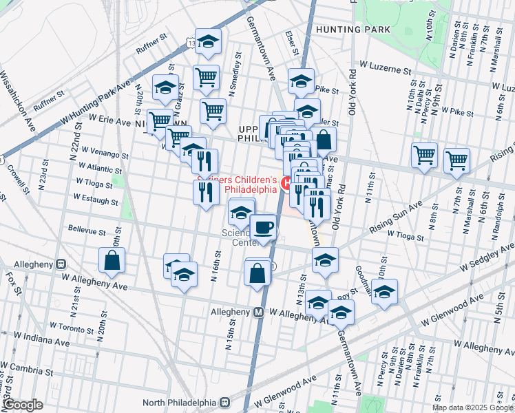 map of restaurants, bars, coffee shops, grocery stores, and more near 1433 West Tioga Street in Philadelphia