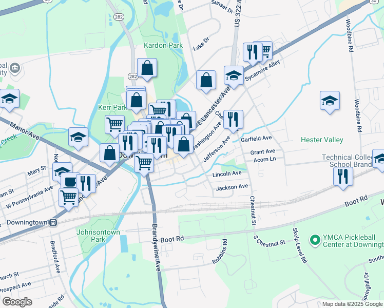 map of restaurants, bars, coffee shops, grocery stores, and more near 6 Cherry Street in Downingtown