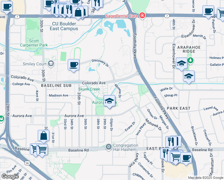 map of restaurants, bars, coffee shops, grocery stores, and more near 1139 Monroe Drive in Boulder