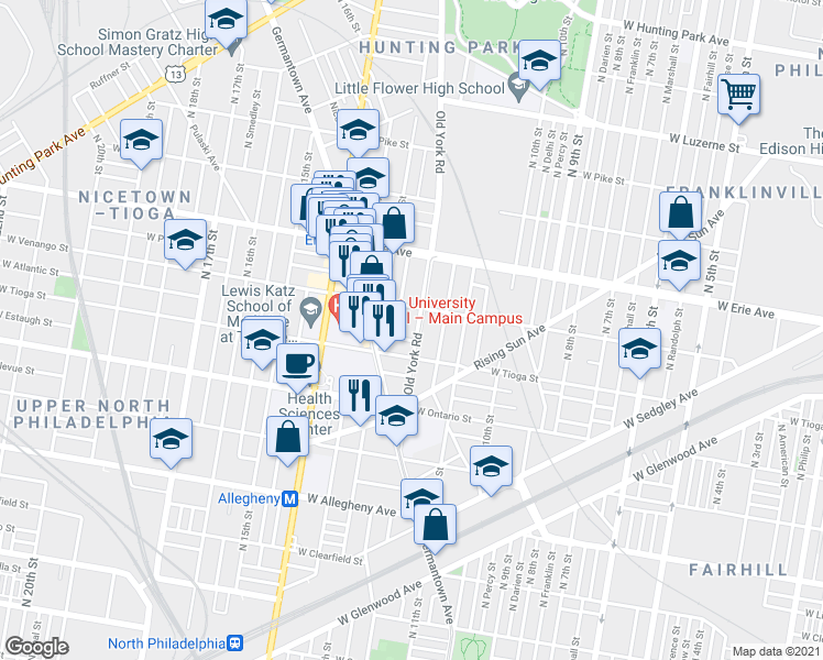 map of restaurants, bars, coffee shops, grocery stores, and more near 3528 Old York Rd in Philadelphia