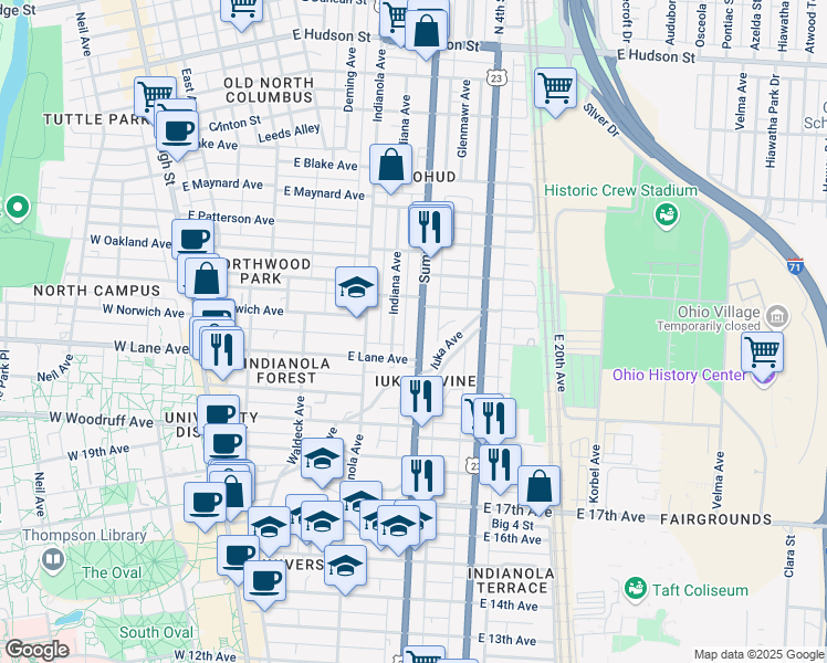 map of restaurants, bars, coffee shops, grocery stores, and more near 2111 Summit Street in Columbus