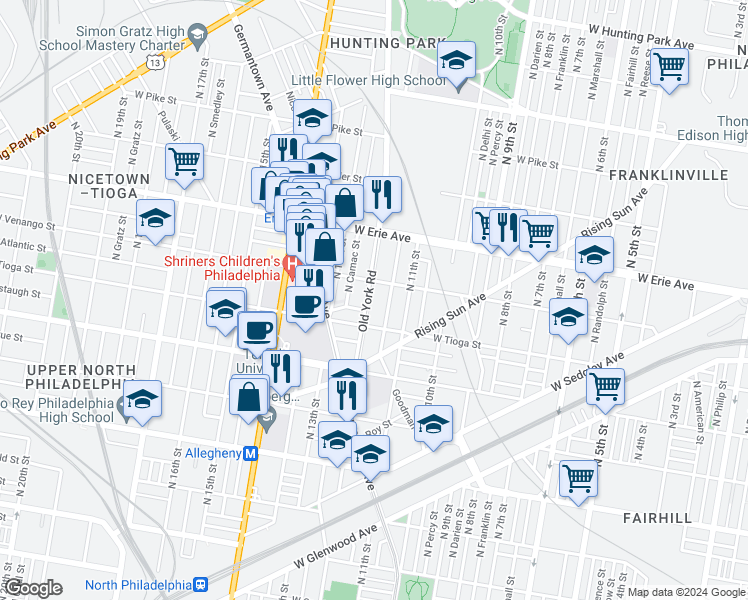 map of restaurants, bars, coffee shops, grocery stores, and more near 3539 Old York Road in Philadelphia
