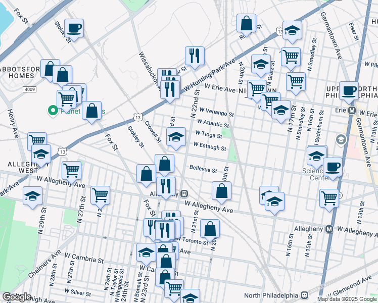 map of restaurants, bars, coffee shops, grocery stores, and more near 2141 W Ontario St in Philadelphia