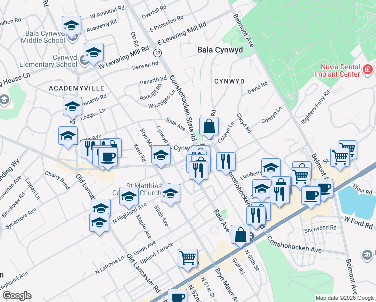 map of restaurants, bars, coffee shops, grocery stores, and more near 1 Montgomery Ave in Montgomery